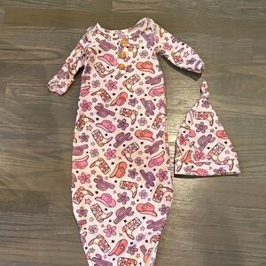 Caden Lane soft Pink Floral Cowgirl Baby Nightgown with Hat